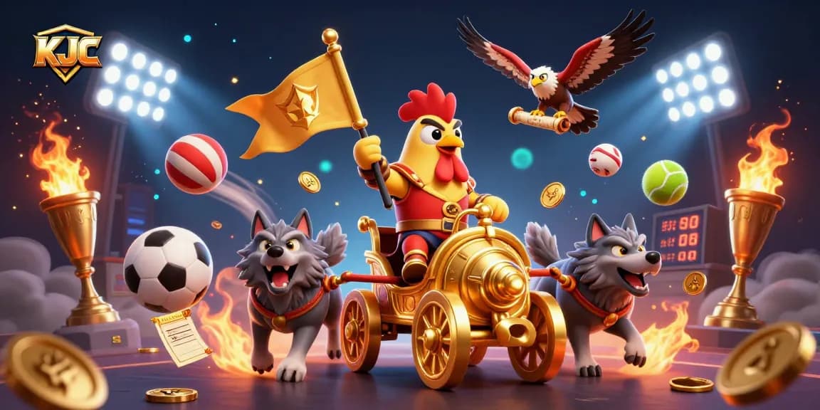 KJC brings excitement with a fierce rooster warlord and dynamic sports elements, inspiring betting action.