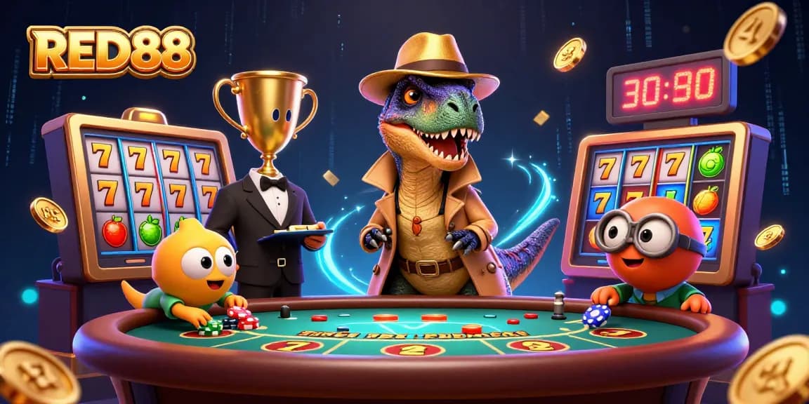 Experience the excitement of RED88 with a thrilling scene featuring a velociraptor at blackjack, adding a playful twist.