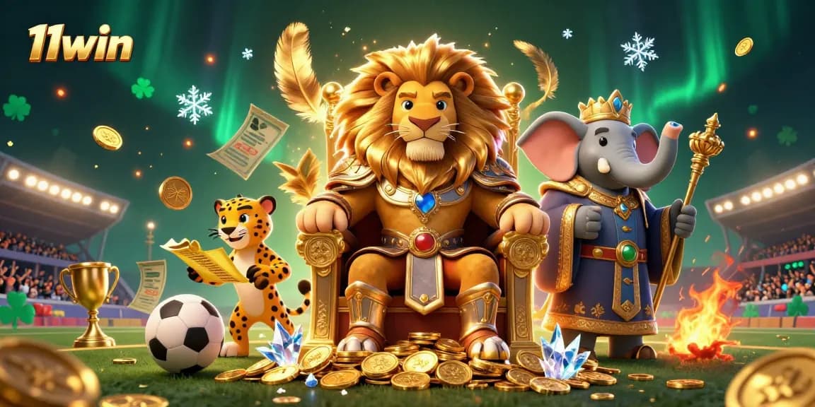 Experience exciting sports betting with 11win's vibrant scene featuring a lion king, elephant advisor, and cheetah messenger.