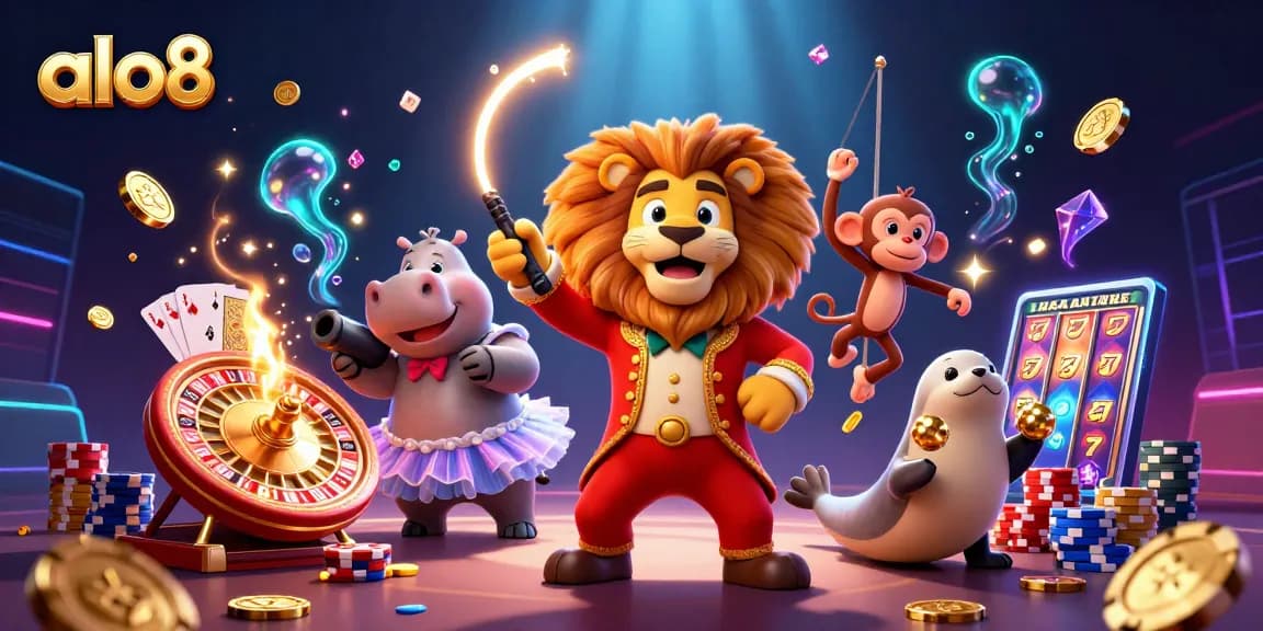 alo8 celebrates excitement with a vibrant scene of 3D characters amid sparkling casino elements and golden treasures.