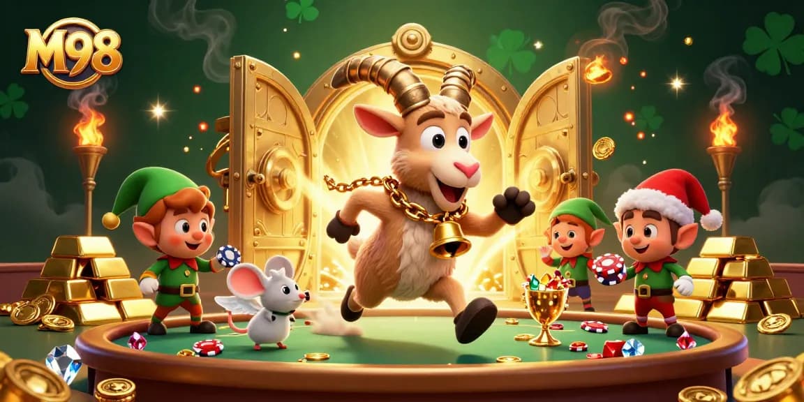 M98 casino rendering showcasing Krampus goat in festive chains, angel mouse, and mischievous elves stealing chips.
