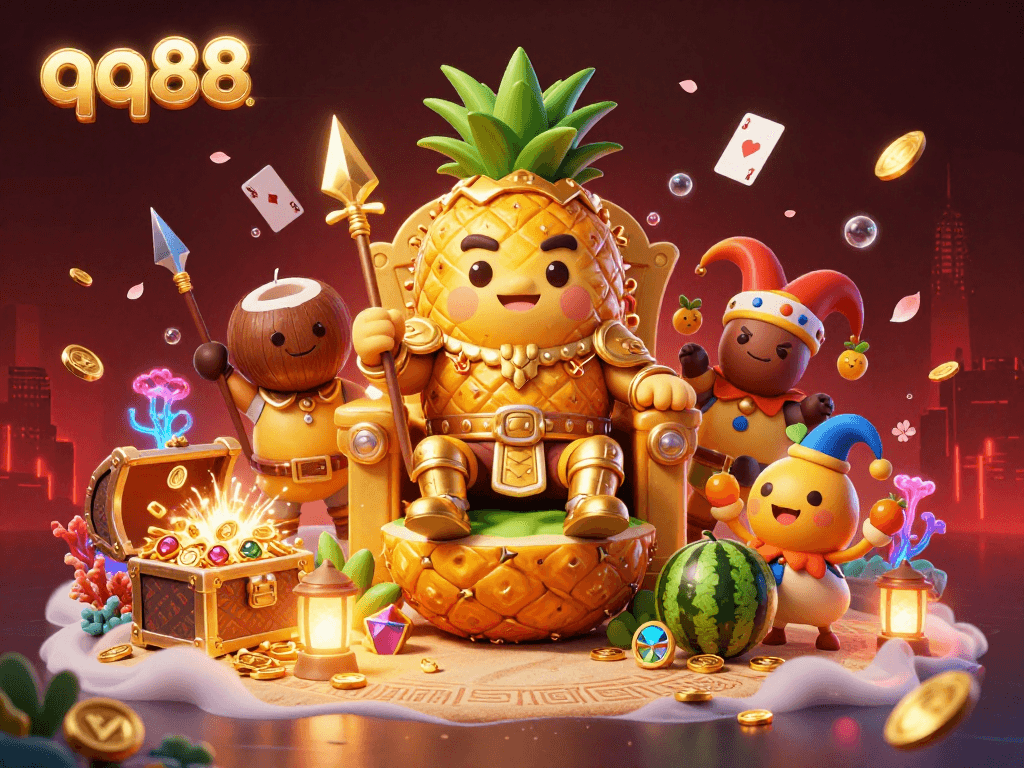 Engage with qq88, a lively beach casino featuring a cartoon pineapple king, dynamic gaming elements, and rich tropical details.