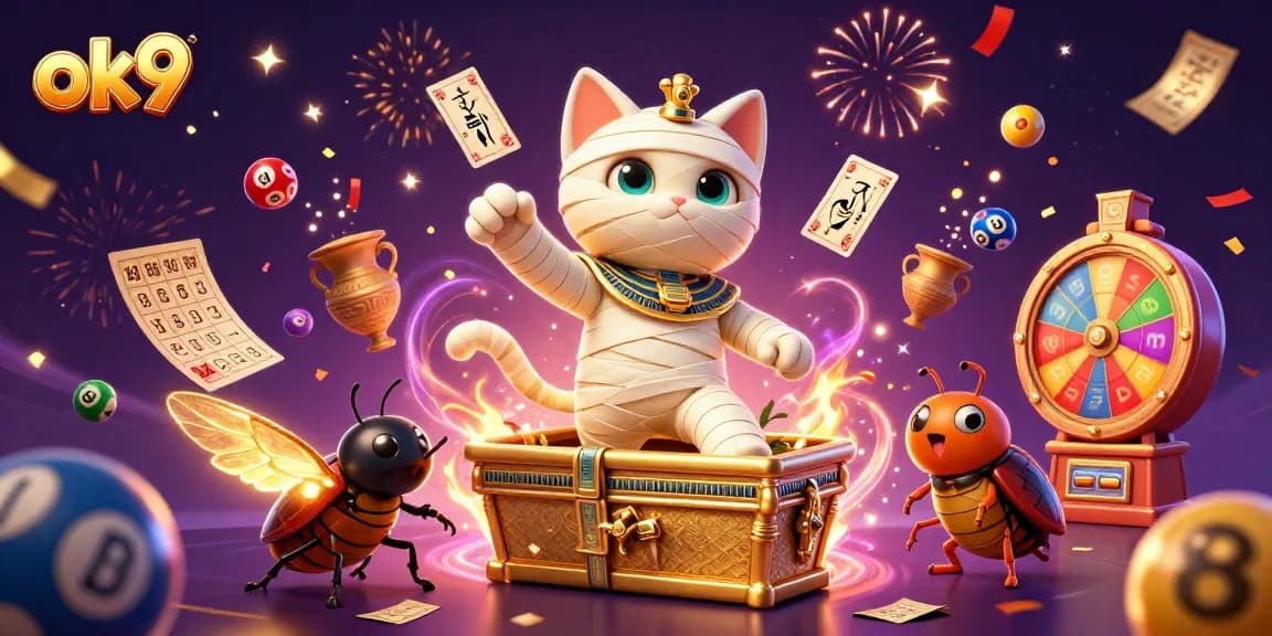 Experience the thrill of winning at ok9 with vibrantly animated lottery balls and casino elements.