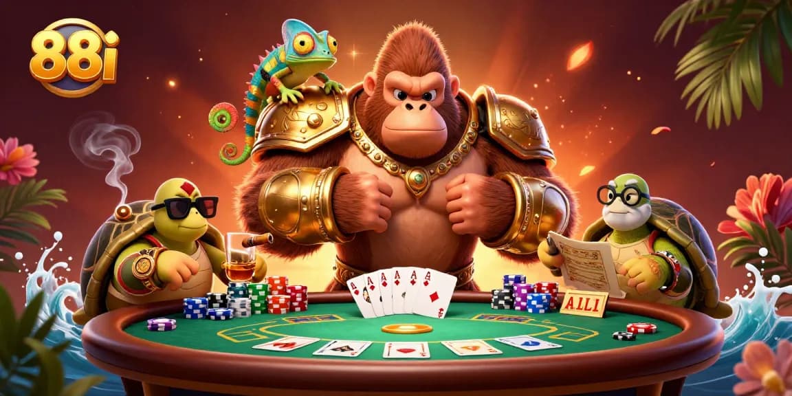 Experience the thrill of 88i casino gaming with vibrant characters and dynamic poker elements portrayed in 3D.