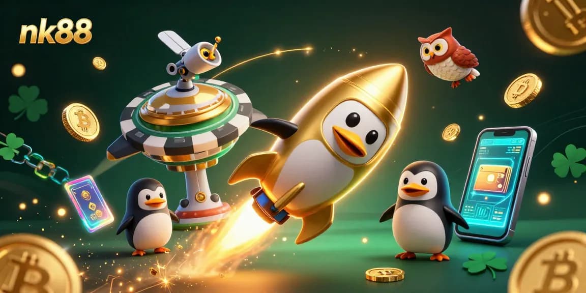 Experience thrilling gaming at nk88 with vibrant penguin and crypto-themed casino illustration.