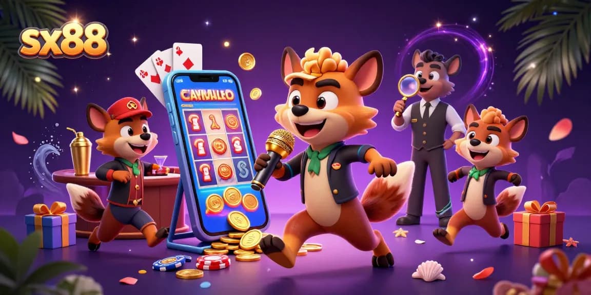 Witness hyenas in a comedy casino scene as they deliver laughs and mix drinks at sx88, showcasing vibrant casino elements.
