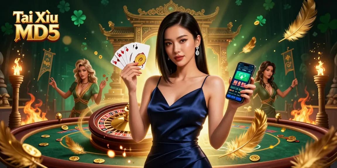 Tài Xỉu MD5 game illustration with Asian woman holding chips and smartphone, dynamic casino elements.
