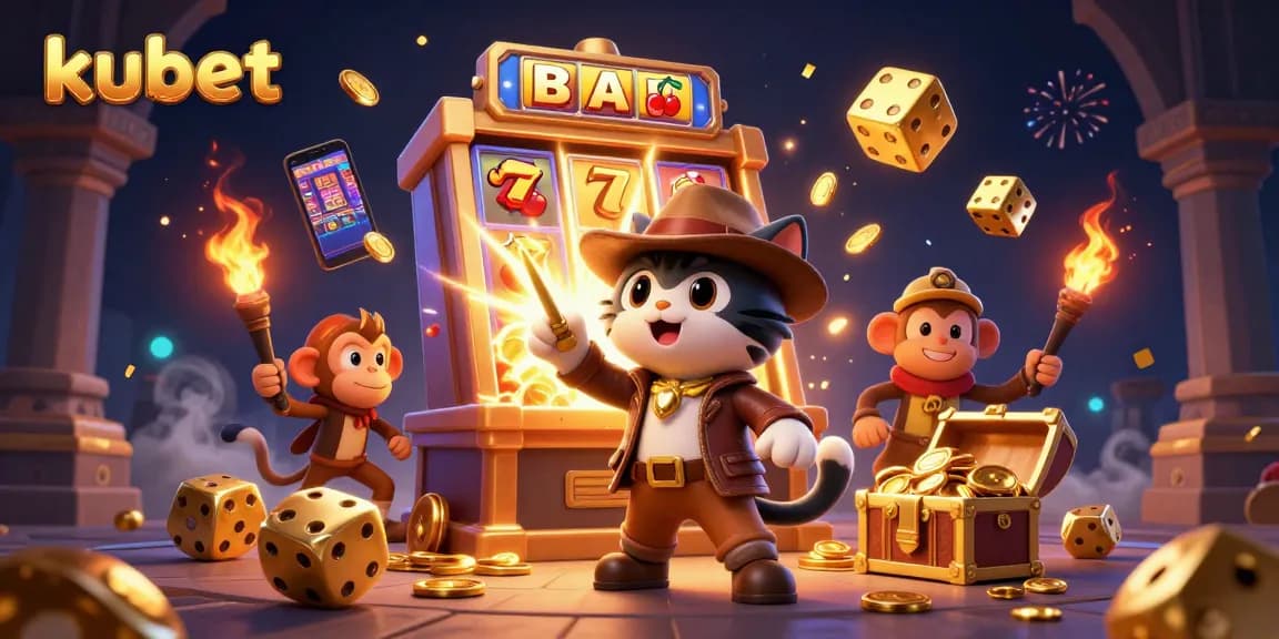 Experience the excitement of kubet with a vibrant 3D illustration showcasing online casino elements.