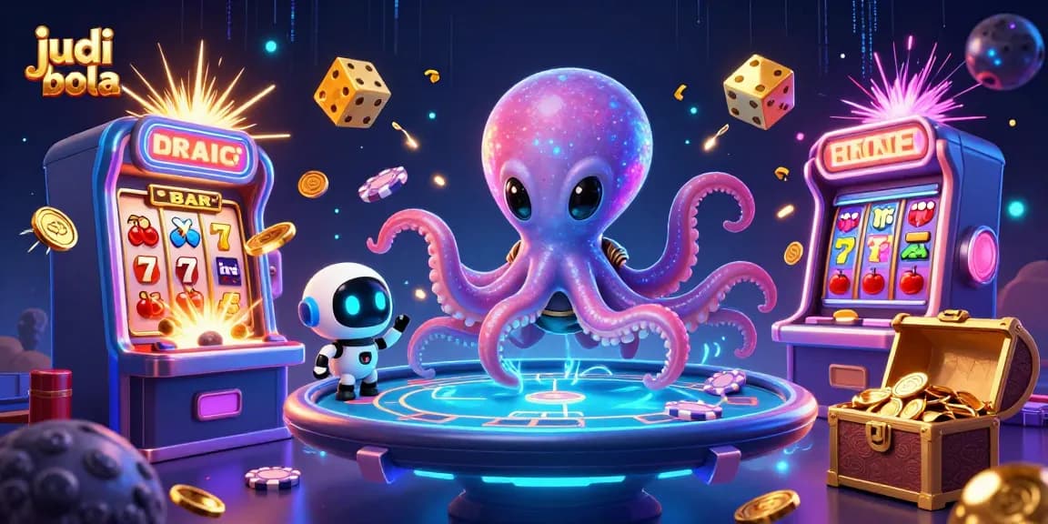 Engage in judi bola with a vibrant 3D scene featuring an alien octopus and dynamic casino elements.