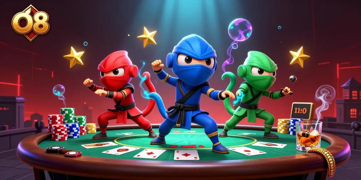 O8 showcases a thrilling scene with chameleon ninjas battling poker stars in a vibrant 3D casino.
