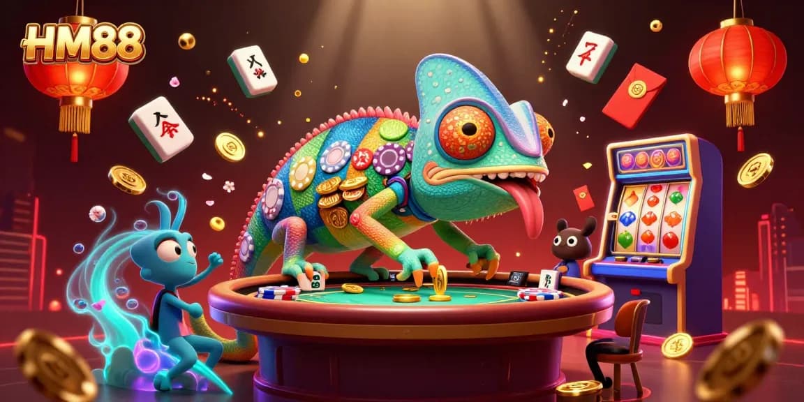 Spin and win with HM88 in this vibrant casino scene featuring chameleon owner and slot machine.