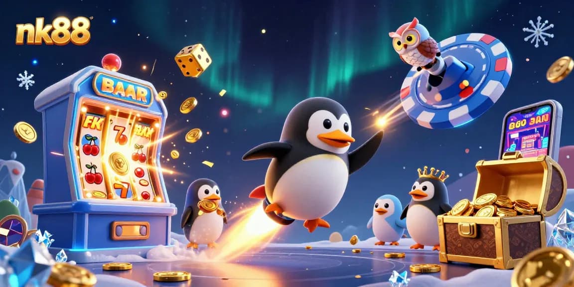 Play exciting slots at nk88 while a golden penguin rockets through a casino-themed space!