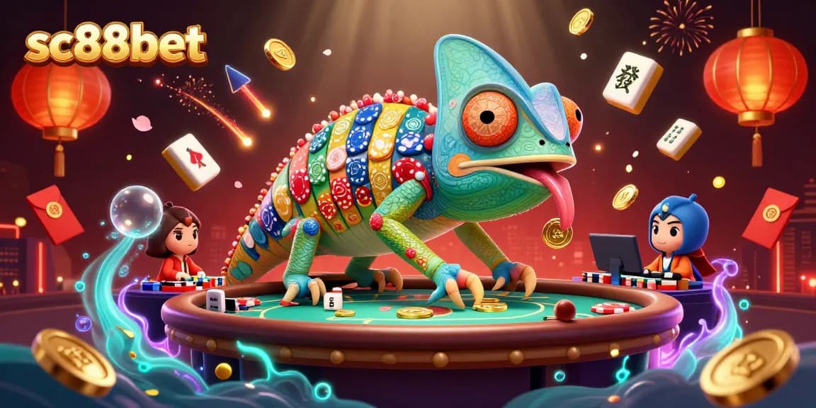 Experience vibrant gaming at sc88bet with a colorful chameleon owner surrounded by festive casino elements.