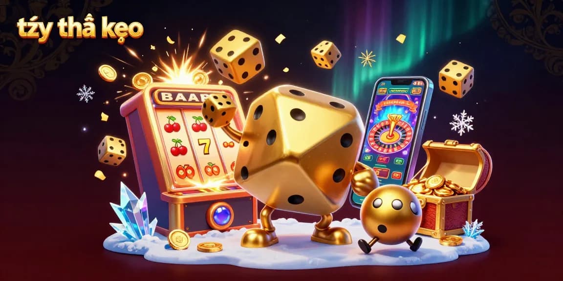 Engaging scene showcasing tỷ lệ kèo with a dynamic golden dice golem, jackpot elements, and vibrant casino animations.