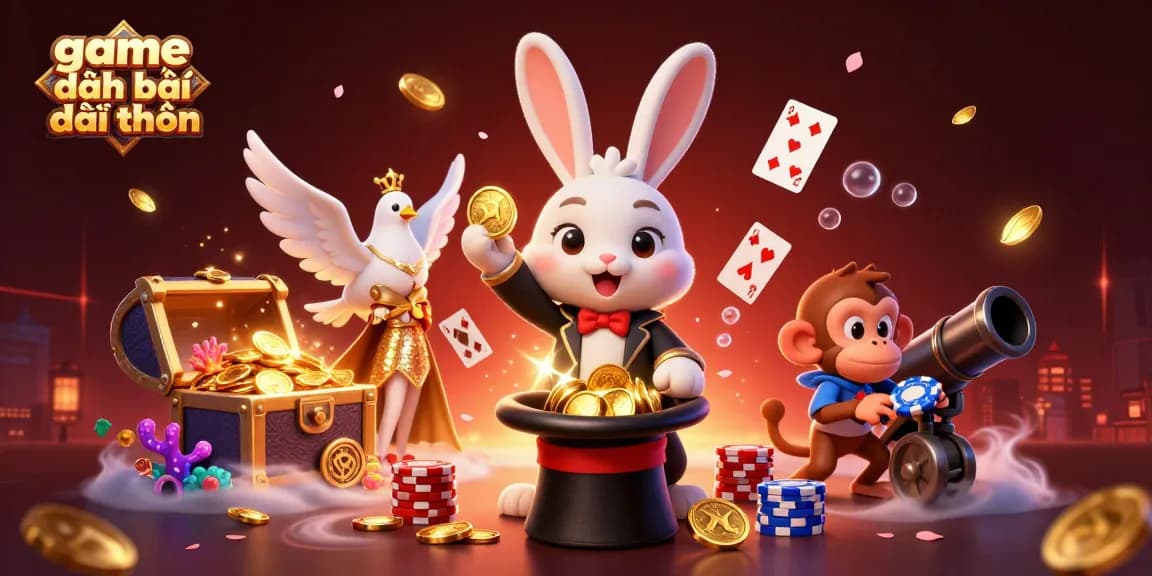 Experience game đánh bài đổi thưởng with a magician rabbit, a dove, and a monkey amidst poker chips and coins.