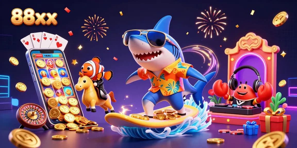 Engage in thrilling moments with 88xx's casino games featuring a vibrant underwater scene with a shark and treasure.