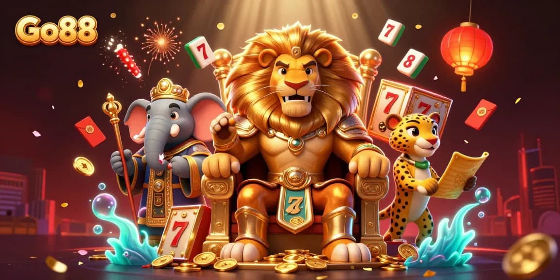Experience the thrill of Go88 with animated slot reels and royal characters in a vibrant casino scene.