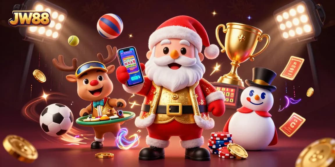 Experience JW88 with Santa and friends celebrating casino thrill amidst vibrant 3D visuals.
