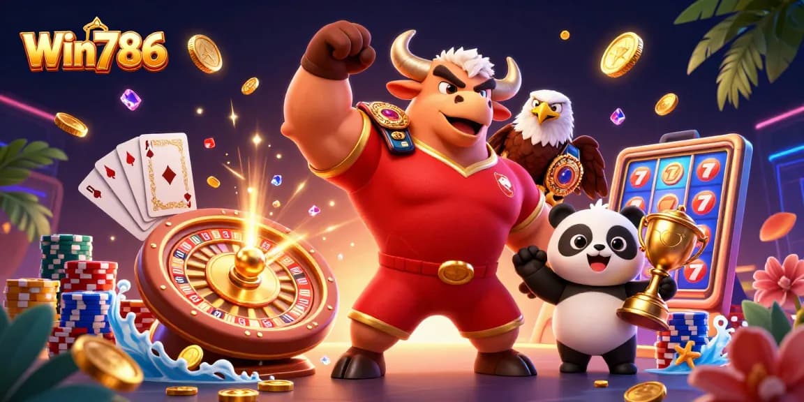 Engage with Win786's vibrant casino illustration featuring players celebrating wins with a jackpot and trophy.