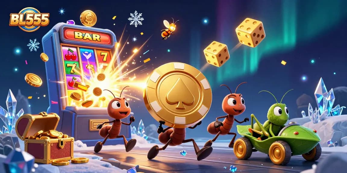 Experience thrilling gaming action at BL555 with vibrant casino game elements and delightful characters.