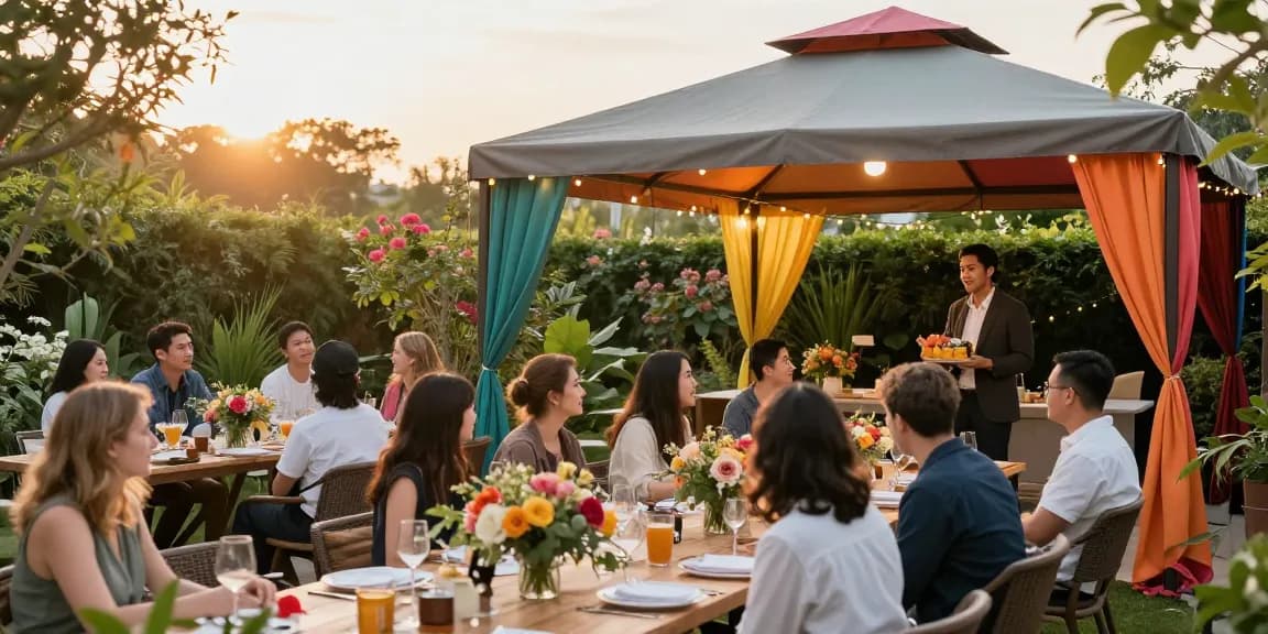 Elegant outdoor party scene featuring a gazebo from https://www.gazebohirelondon.co.uk/ with colorful details and a joyful atmosphere.