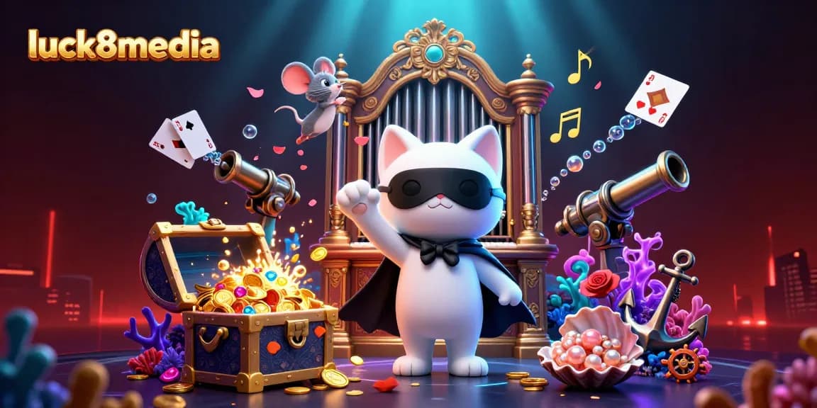 Play games with luck8media amidst a dazzling casino scene featuring a whimsical cat and treasures.