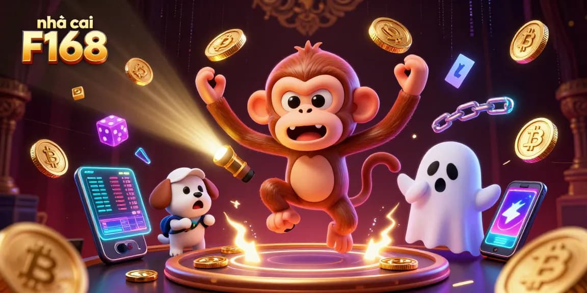 Engage with nhà cái F168 as a poltergeist monkey juggles coins in a haunted casino scene.
