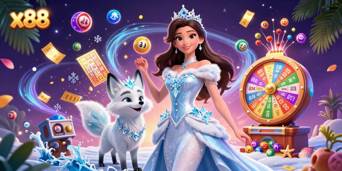x88 engages players with a vibrant casino scene featuring lottery balls and a dynamic prize wheel.
