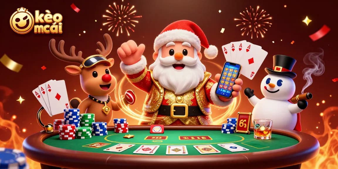 Capture kèo nhà cái excitement with Santa and friends celebrating wins in a vibrant casino scene.