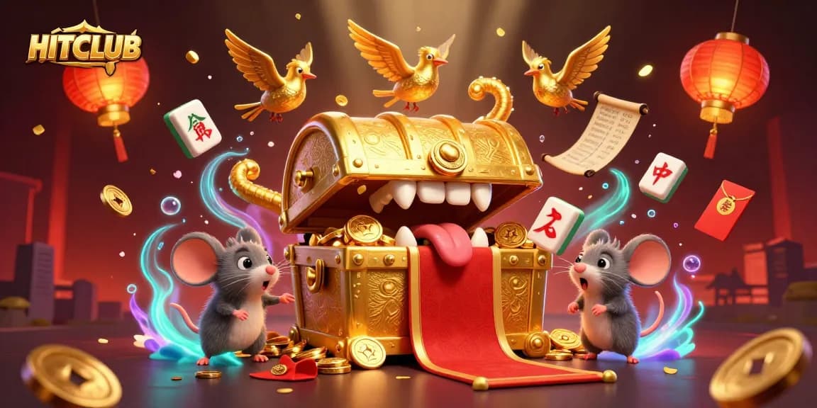 Spin and win with HITCLUB in this vibrant 3D gambling-themed illustration featuring a golden treasure chest and exciting game elements.