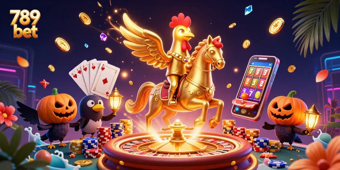 Engage with 789 bet in an exciting casino scene featuring golden rooster and crow companions.