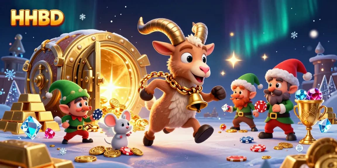 Engage with HHBD's lively holiday-horror casino scene featuring Krampus and playful characters.
