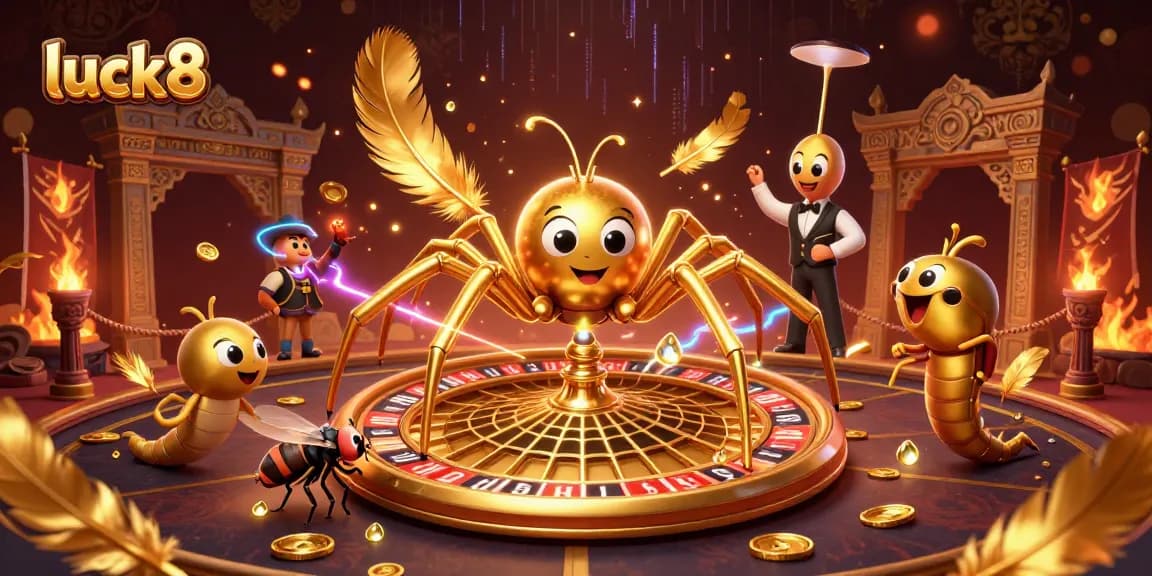 Experience thrilling bets at luck8 amidst a golden gambling ambiance with a roulette-inspired web.