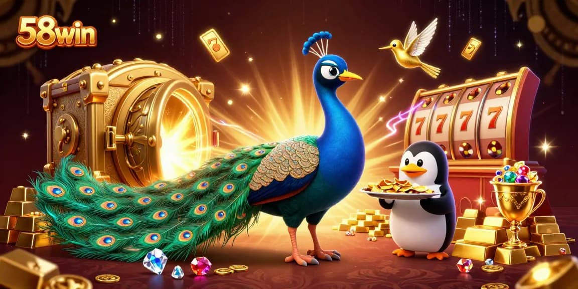 Experience the vibrant energy of 58win with a peacock, penguin and hummingbird in a dazzling casino environment.