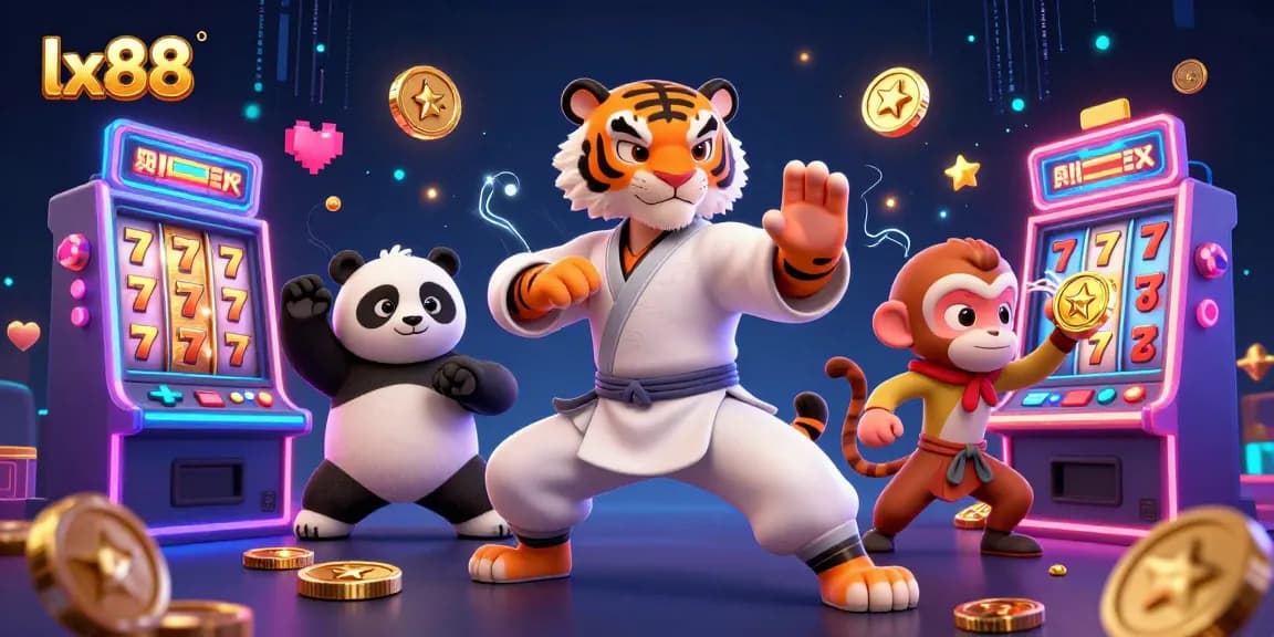 Experience thrilling slots with lx88, featuring a kung fu tiger in a vibrant casino scene.