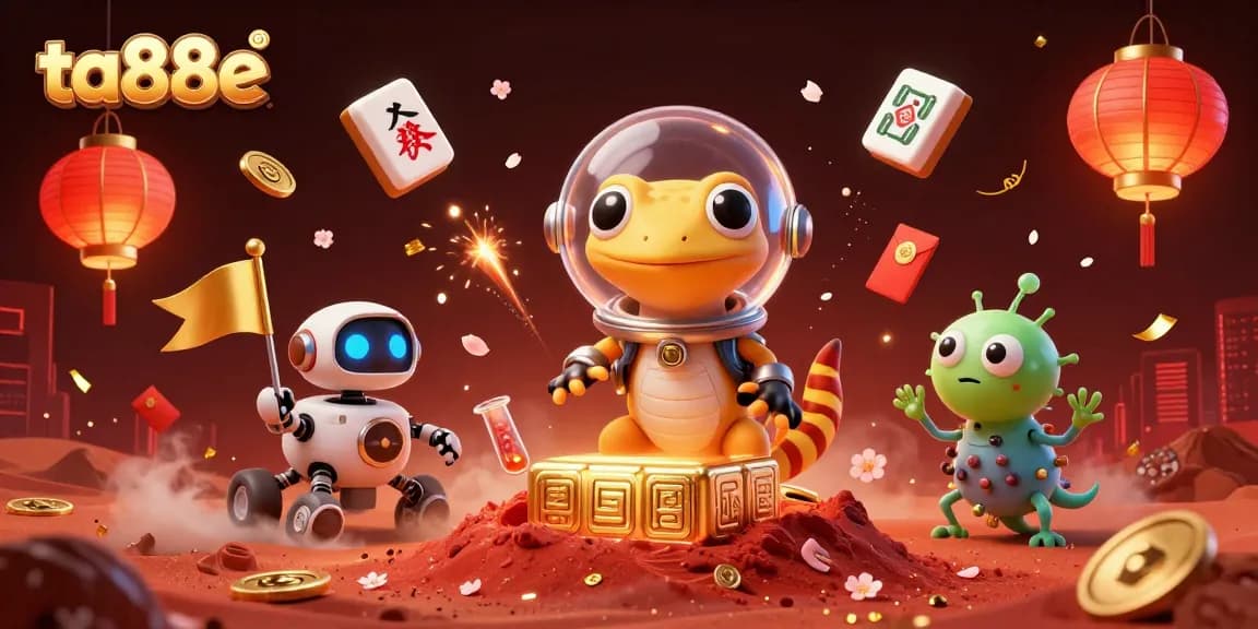 Enjoy games at ta88e with a 3D Martian gecko discovering golden casino treasures.