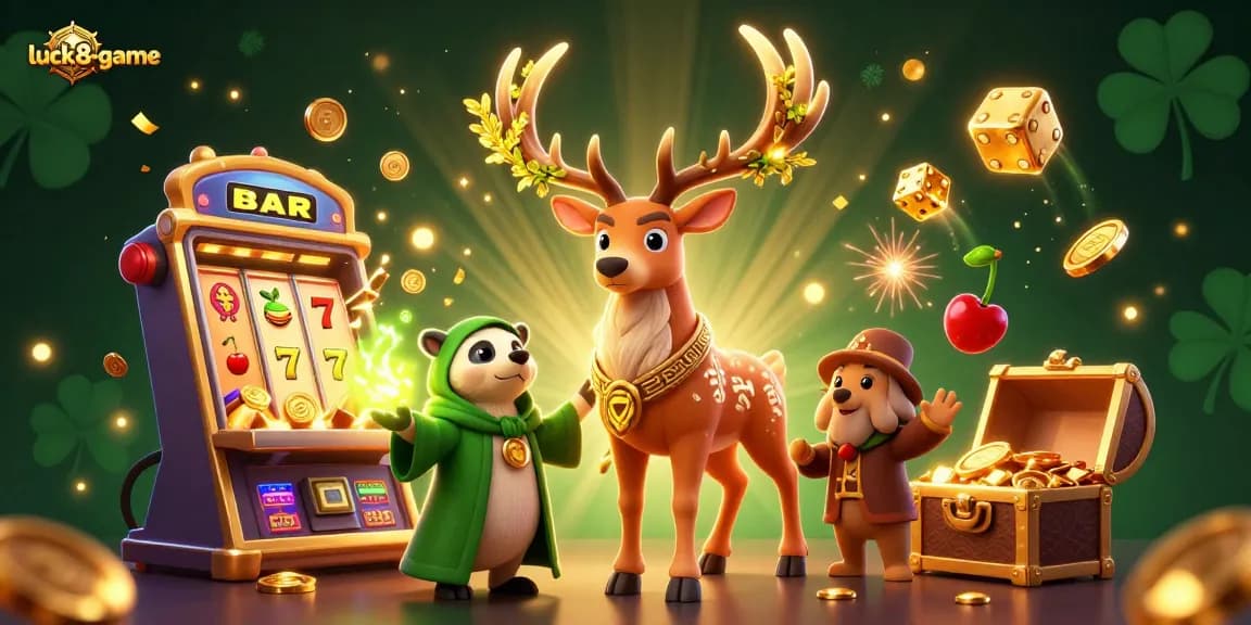 Spin the luck8-game slot machine with vibrant characters amidst jackpot celebrations in a dynamic casino scene.