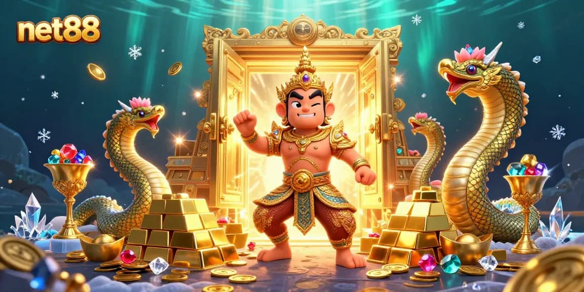 Win big with net88 at this vibrant cartoon casino scene featuring gold treasures and mythical guardians.