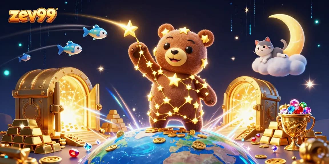 Zev99 showcases an exciting casino scene with a constellation bear, treasure vault, and lucky fish.
