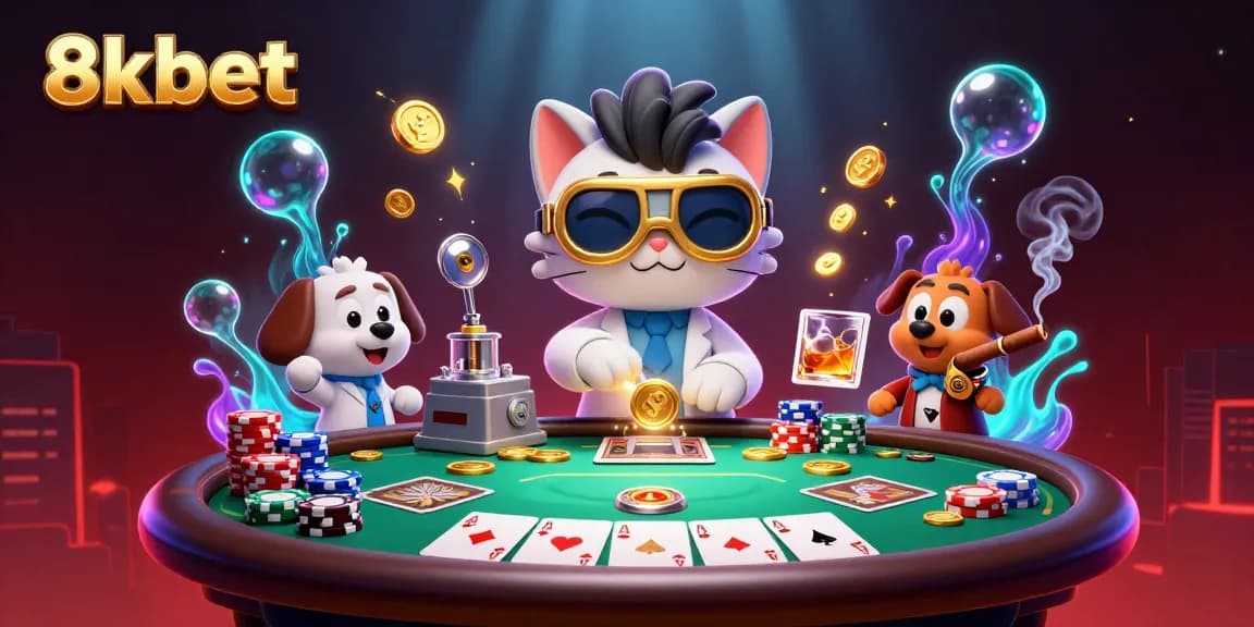 Experience the dynamic thrill of 8xbet as mad scientist and dog create wealth at a lively poker table.