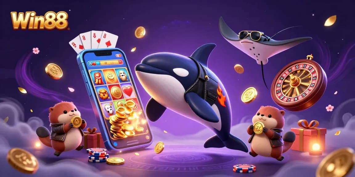 Win88's thrilling gaming scene showcases an orca, stingray, and otters amid dynamic slot game elements.