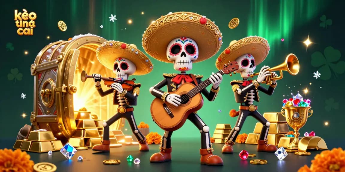 Engage with kèo nhà cái in an exciting scene featuring a mariachi band amidst treasures.