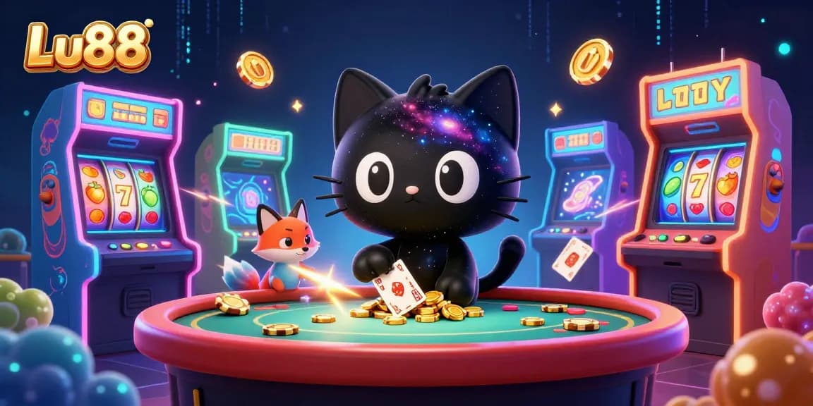 Engage with Lu88's vibrant cosmic casino scene, featuring the captivating black hole cat and colorful galaxy fox.