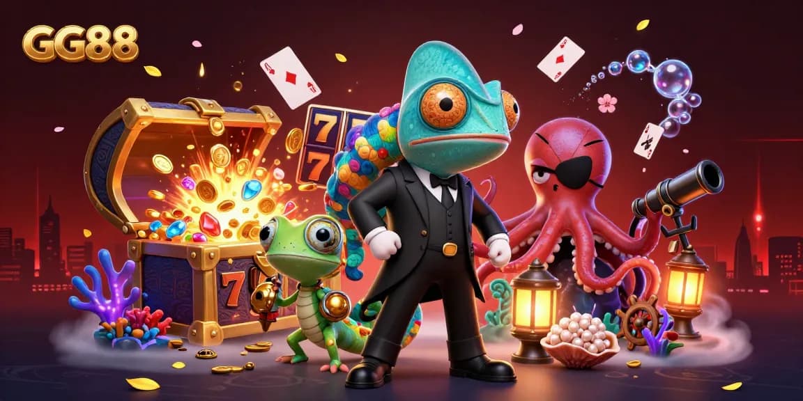Experience an exciting GG88 gaming adventure with vibrant slot reels and action-packed casino elements.