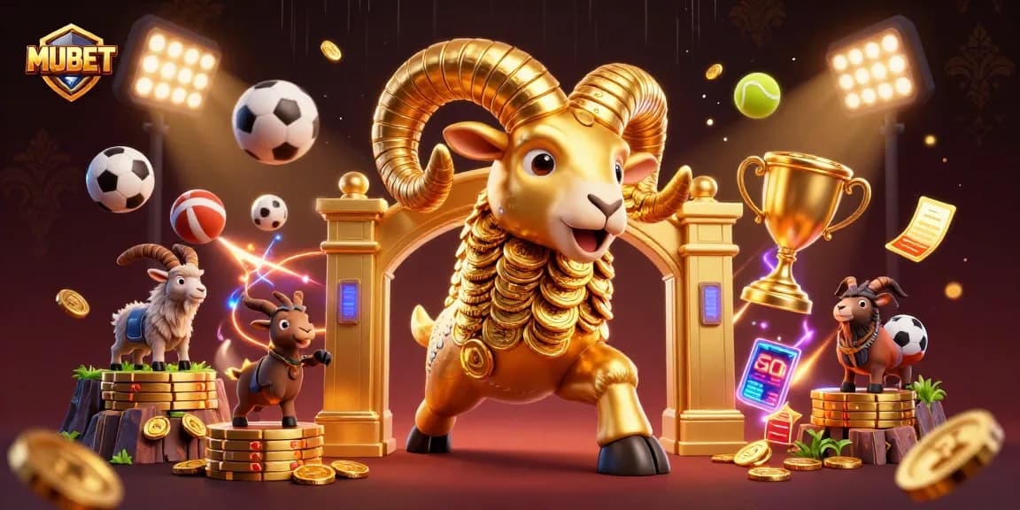 MUBET showcases exciting sports betting action with a dynamic golden ram charging through rich casino elements.