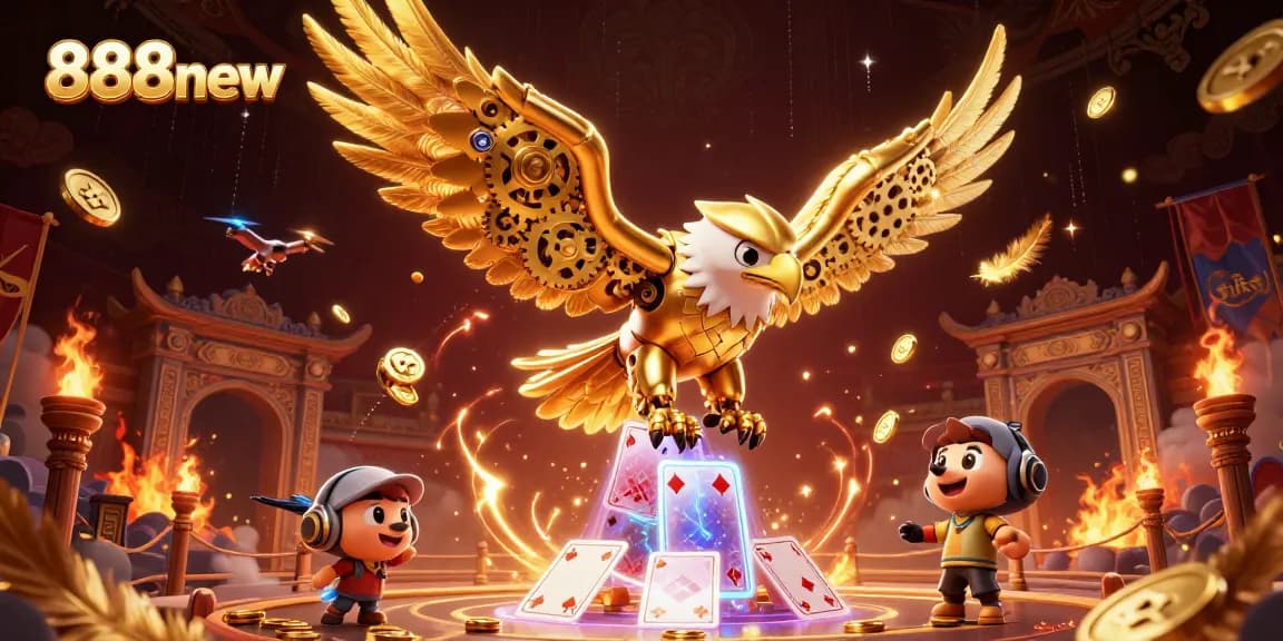 Experience thrilling gameplay at 888new with a cybernetic eagle soaring through holographic cards.