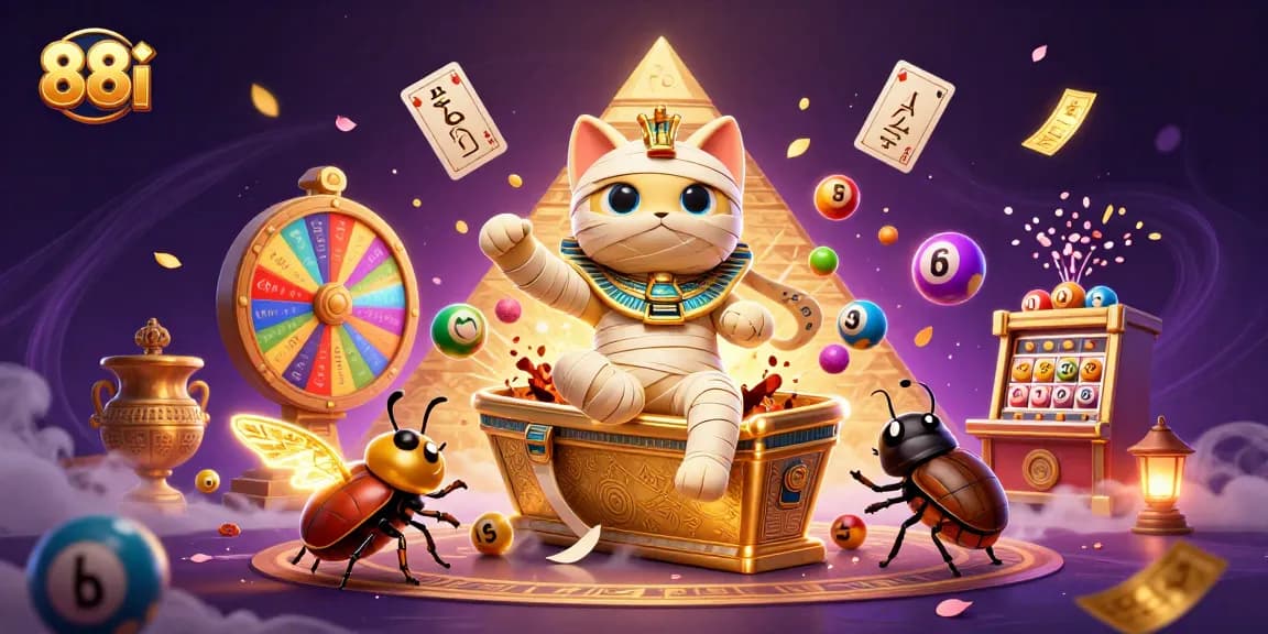 Experience 88i's vibrant casino atmosphere with a mummy cat and glowing scarab amidst lively game elements.