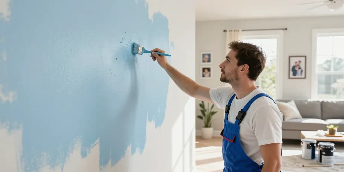 Professional lincoln painter applying fresh paint in a modern living room.
