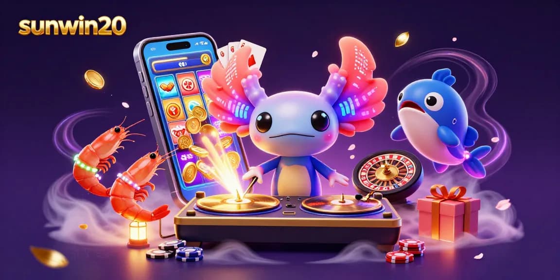 Experience vibrant gambling fun with sunwin20, featuring an axolotl DJ and underwater casino elements.