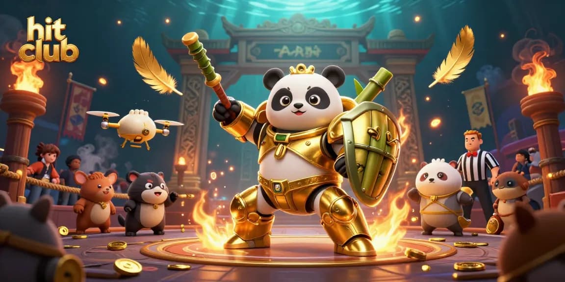 Engage with the hit club experience in a vibrant casino arena, featuring a golden panda robot.